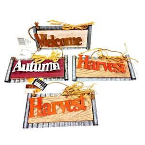 Set of 4 Fall Autumn Harvest Metal Wood Home Decor Wall Hanging Signs 3-D NWT